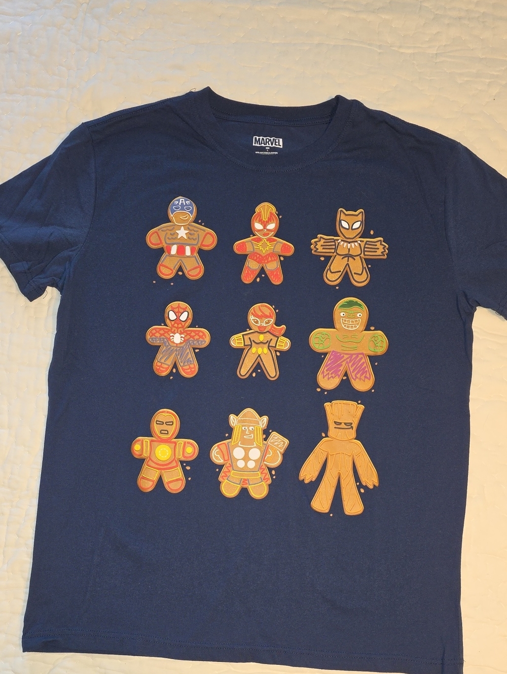 Marvel Navy Blue Short Sleeve Tee with Gingerbread Superhero Graphics